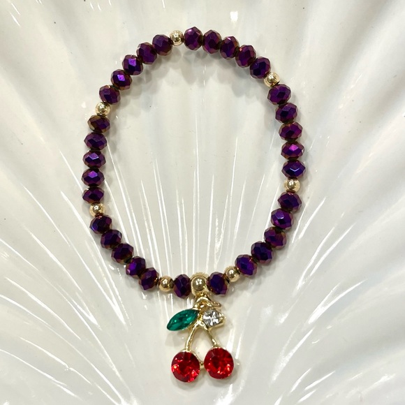 Glass Beaded Bracelet With Cherry Charm - Picture 3 of 4